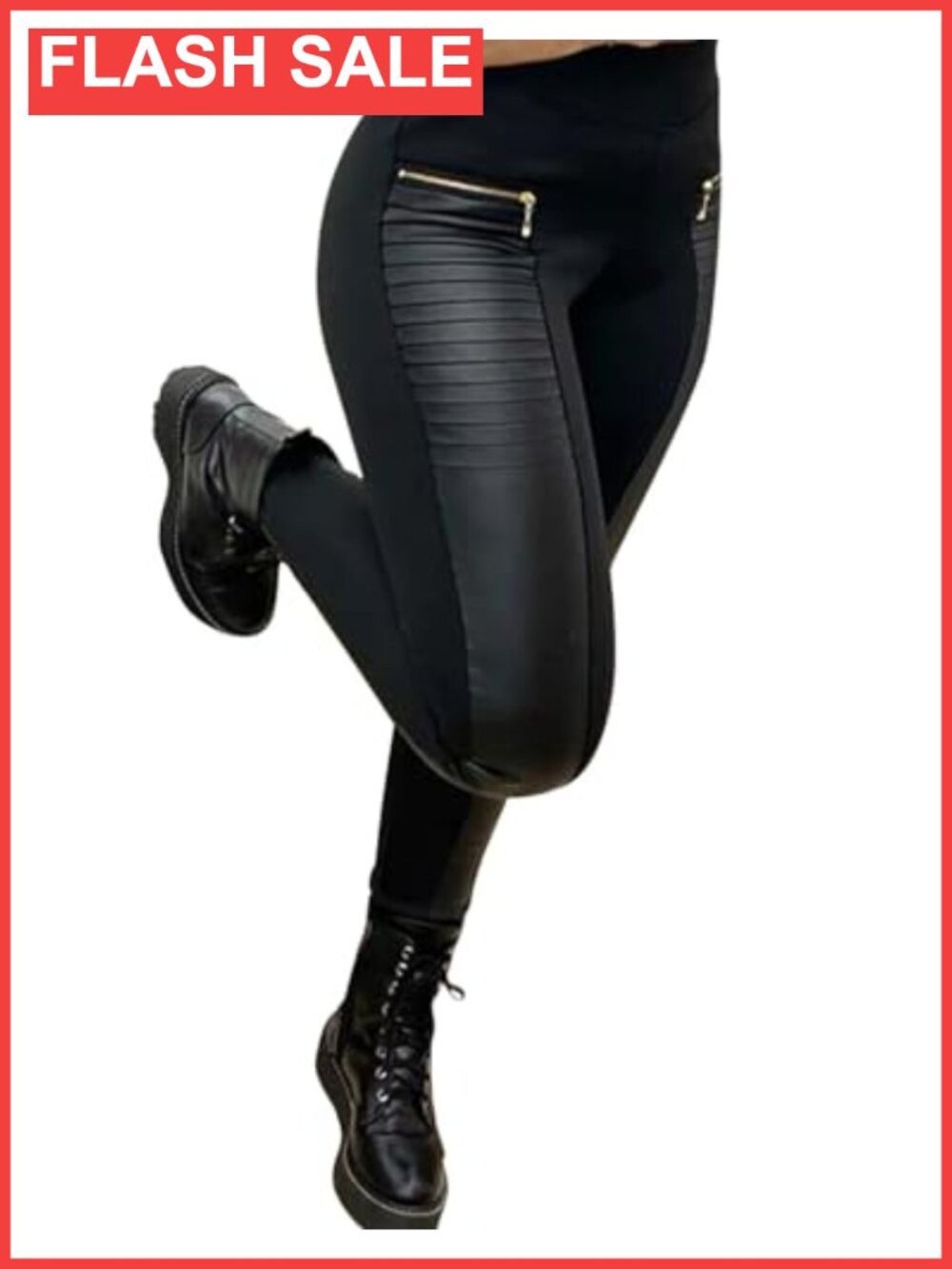 Faux Leather Leggings Mid Waisted Zip Patch Stretchy Ankle Length Pleather Pants